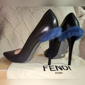 FENDI BLACK LEATHER BLUE MINK FUR BACK STILETTO PUMPS, 41